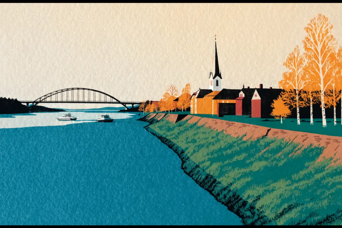 Illustrasjon av Glomma om høsten med en liten ferge, en buebru og gule og oransje trær ved vollene
