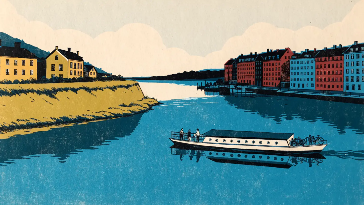Illustrasjon av en liten passasjerferge med syklister som krysser elva