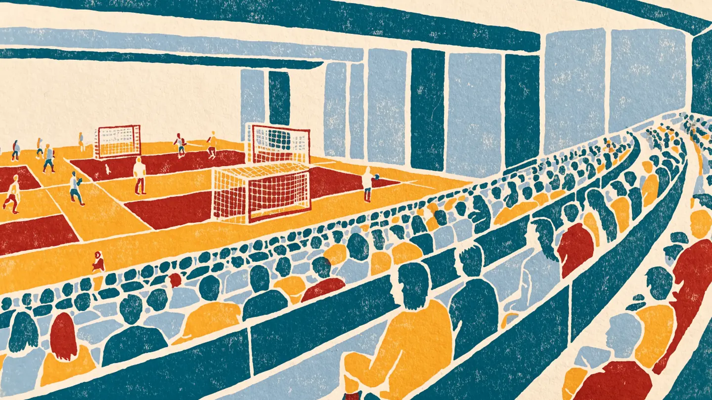 Illustrasjon av en håndballkamp for unge spillere i en idrettshall