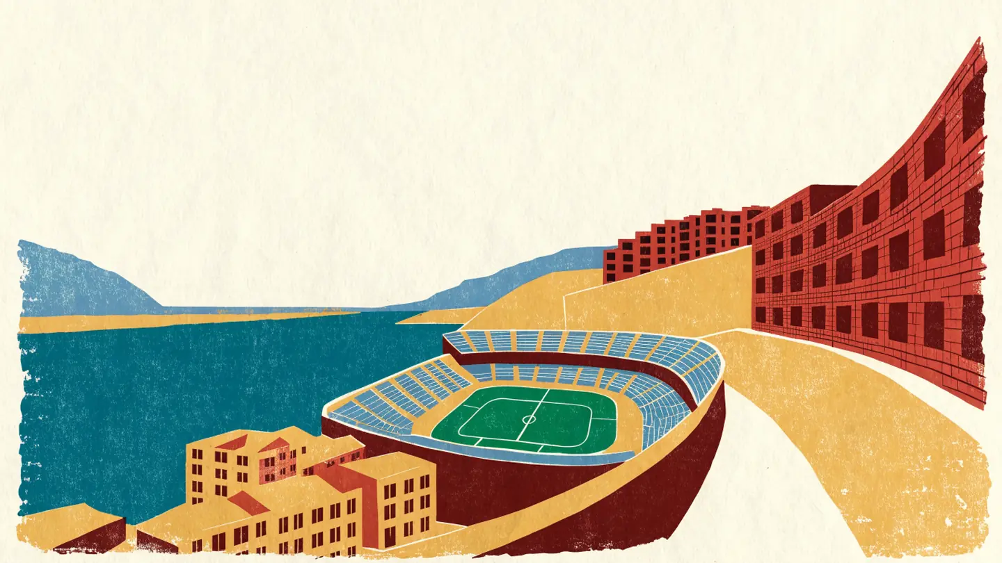 Illustrasjon av et moderne fotballstadion ved en elv med boliger rundt