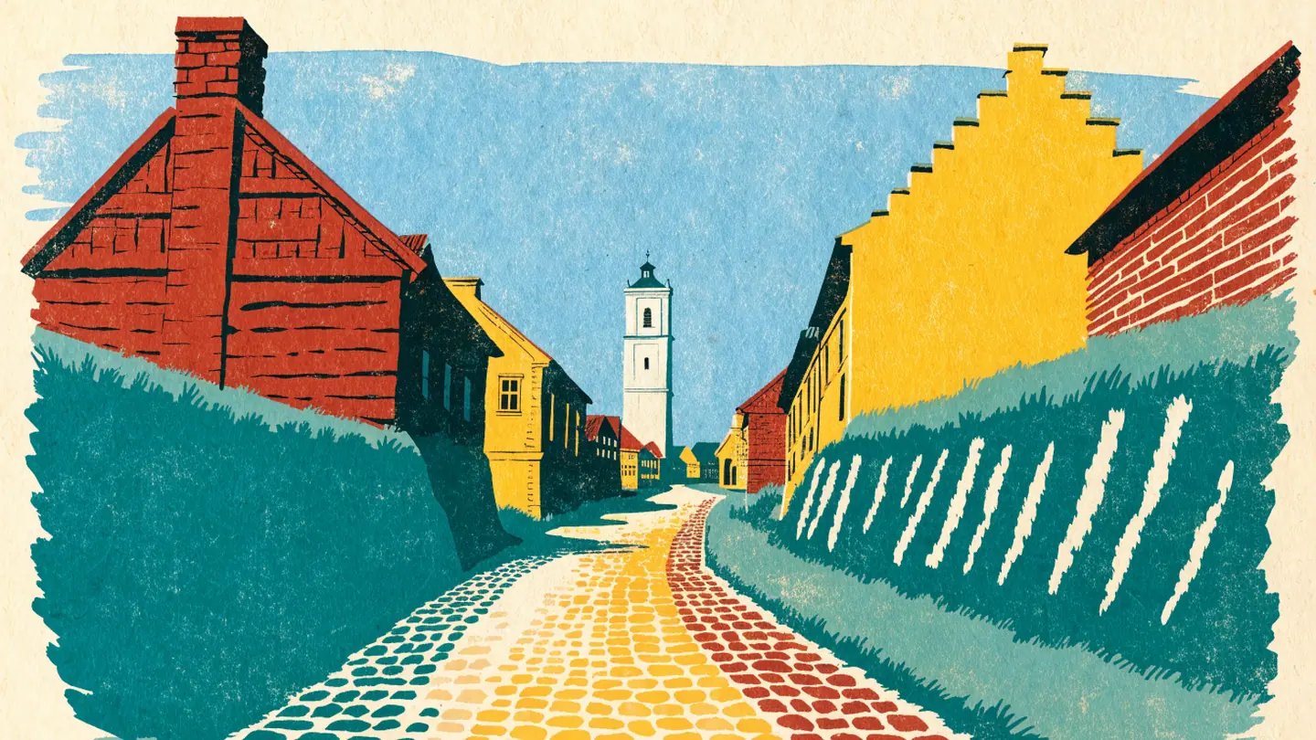 Illustrasjon av en brosteinsgate med lave gule og røde hus og et hvitt kirketårn