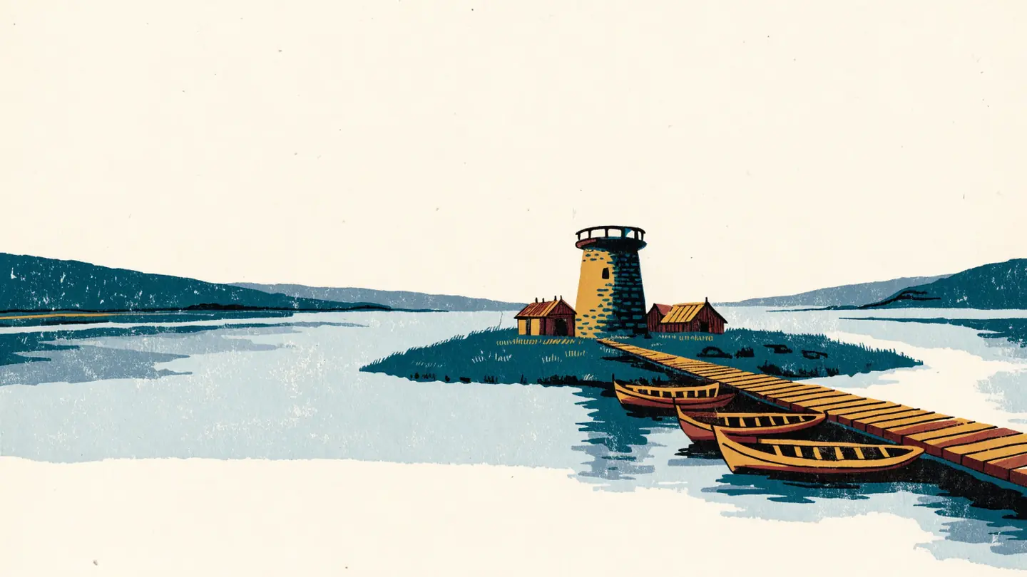 Illustrasjon av en grønn øy i elva med et rundt steintårn og gamle båter ved brygga