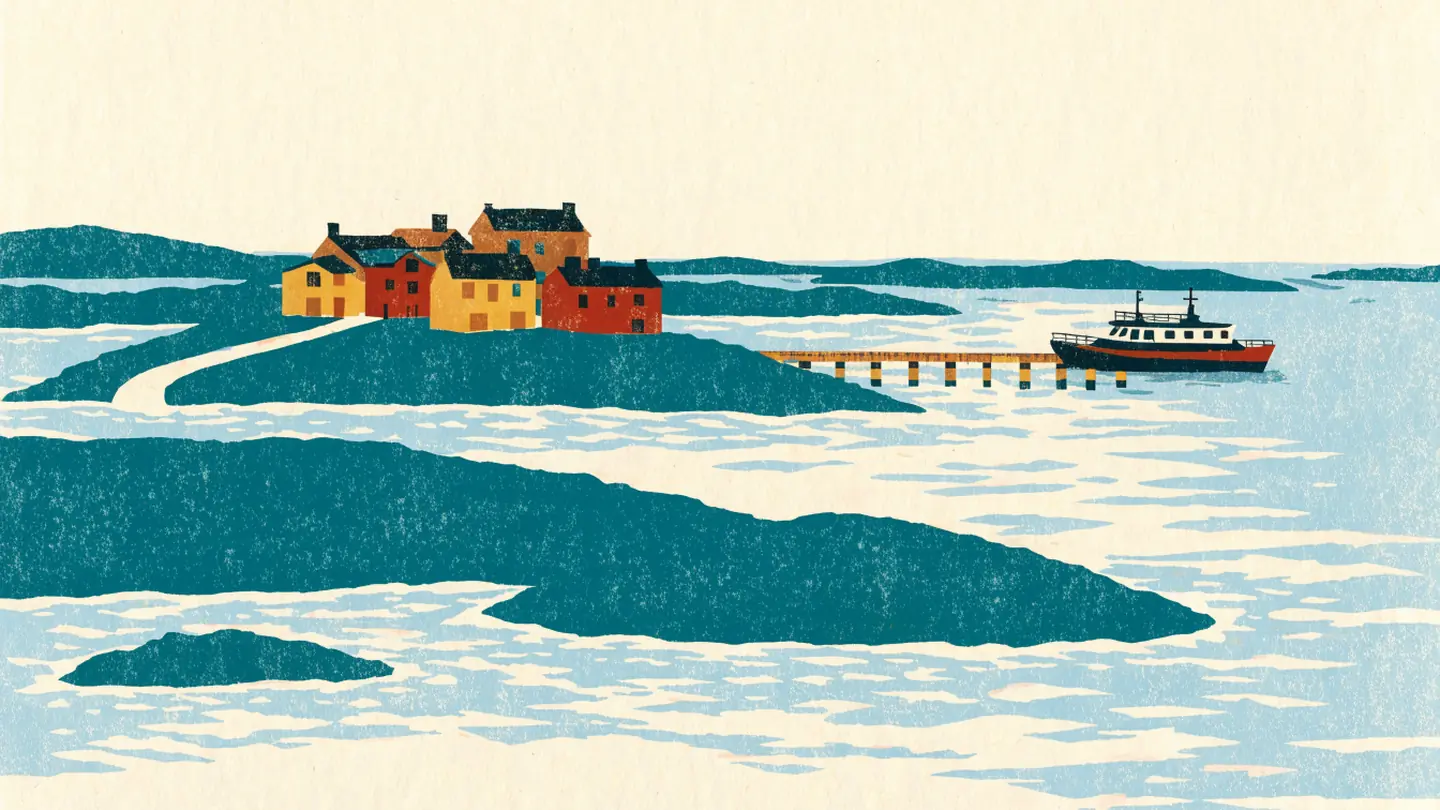 Illustrasjon av en liten passasjerferge som legger til ved en trebrygge på en øy