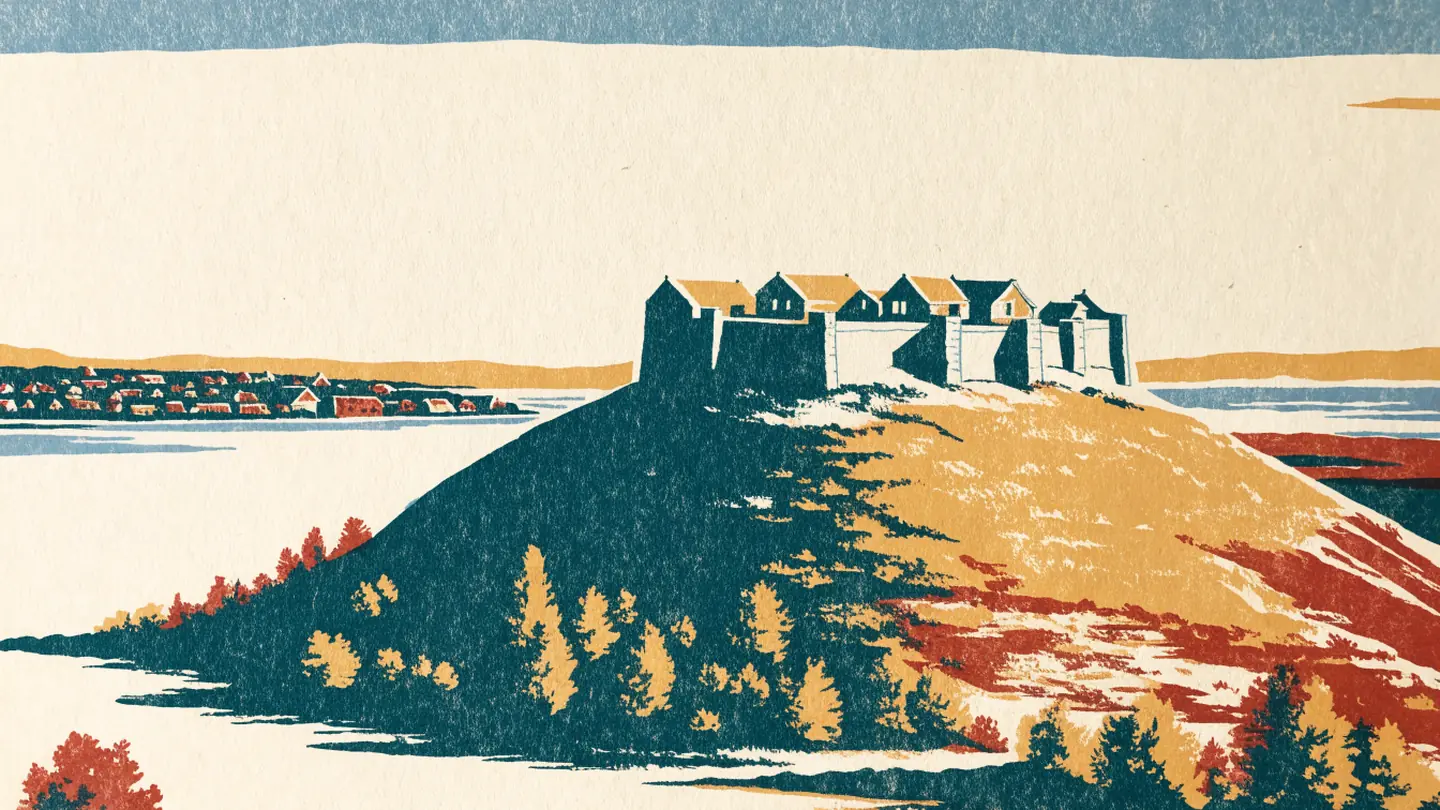 Illustrasjon av et lite fort med tykke steinmurer på en bergknaus