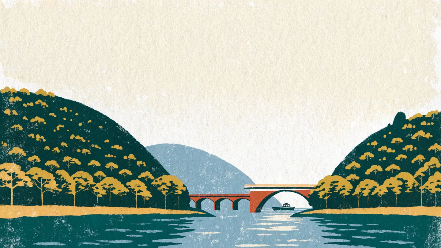 Illustrasjon av to buebruer over et smalt sund mellom skogkledde berg