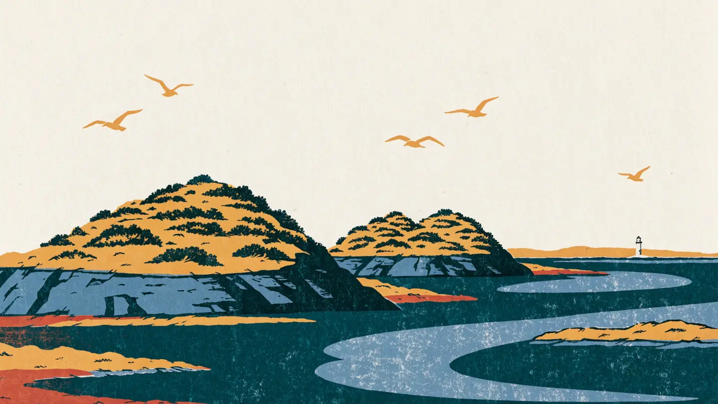 Illustrasjon av nakne svaberg, åpent hav og et fyr i det fjerne